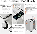 mixi Carry On Luggage PC Hardside Rolling Suitcase with Spinner Wheel TSA Lock with Cup Phone Holder USB Charging Port, Smoke White, 20-inch