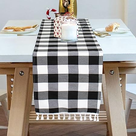 Buffalo Plaid Table Runner Black and White 13''x72'' Buffalo Check Table Runner Tassel Runner Checkered Table Cover Classic Gingham Tabletop Farmhouse Table Runner for Christmas Gatherings