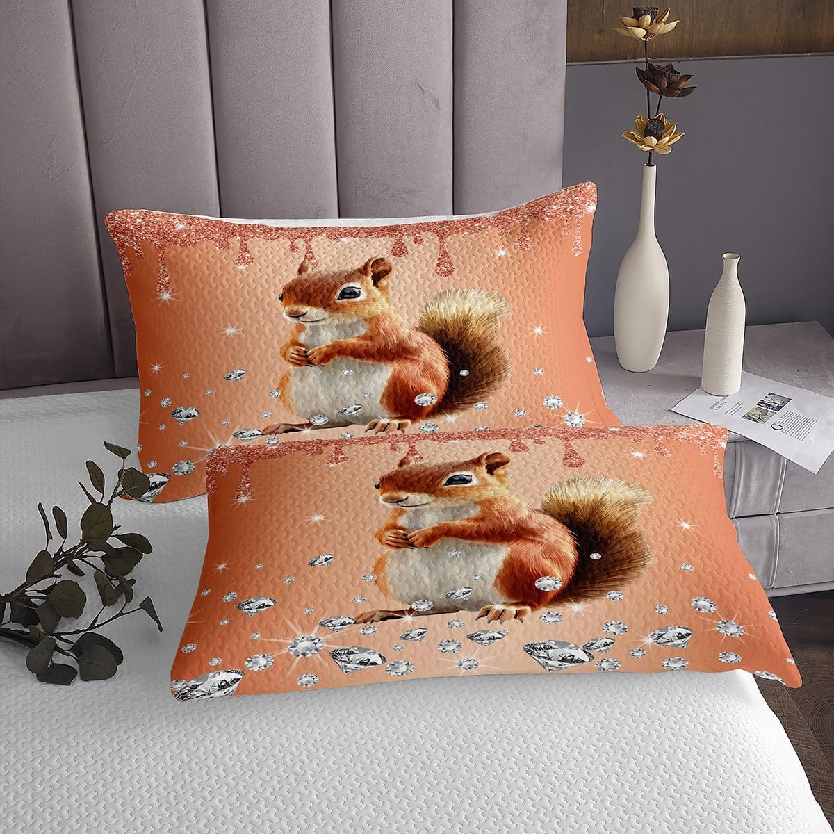Jungle Wildlife Animals Bedspread King,Diamond Sequin Fluid Art Quilted Coverlet 3pcs for Adults Teens Room Decor,Squirrel Soft Breathable Bedding Quilt
