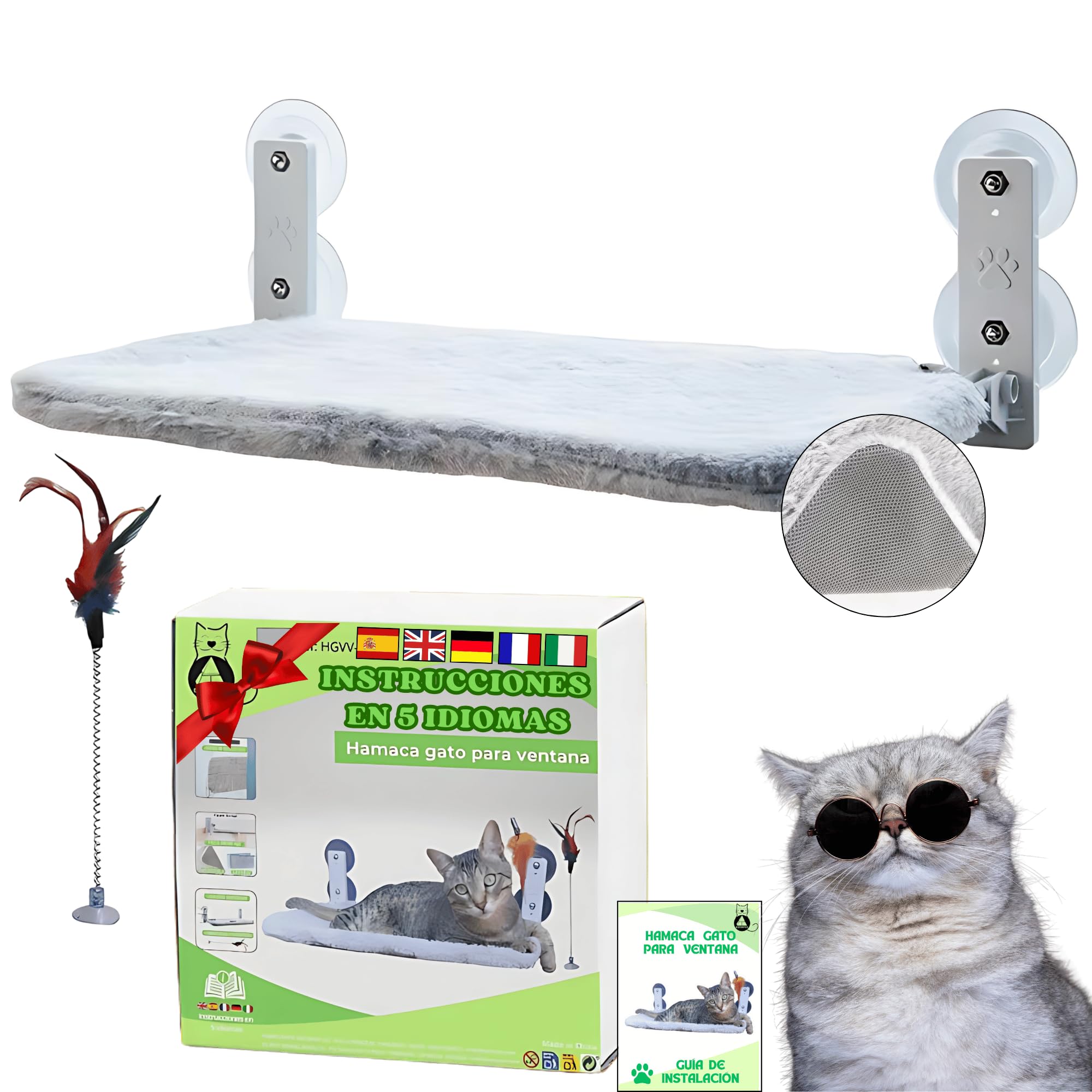 BECISPER - Hamaca Gato Ventana Plegable sin Cables - Cama Gato para Ventana - Hamaca Gato Ventana con Ventosa - Hamaca para Gatos Plegable con Juguete Incluido (Gris, Grande)