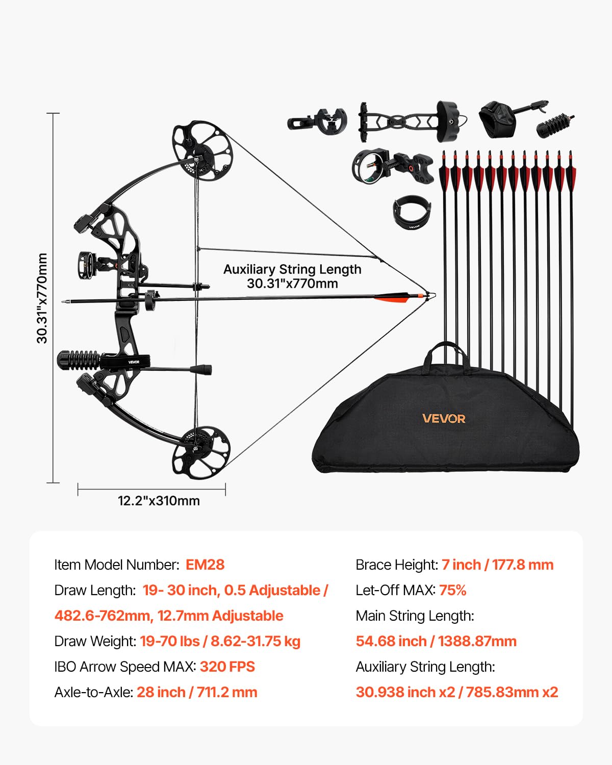 VEVOR Compoundbogen Bogenschießen, einstellbare 482,6-762 mm Auszugslänge Compoundbogen-Paket für Anfänger, 8,62-31,75 kg Zuggewicht, Rechtshänder-Kit mit Jagdausrüstung, 320 fps, Schwarz
