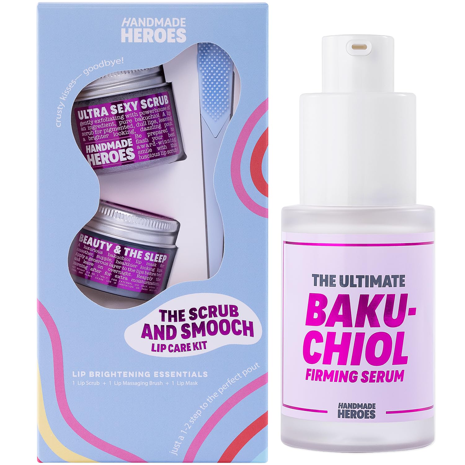 100% Natural Lip Scrub and Lip Mask, Vegan Conditioning Bakuchiol Lip Care Kit and The Ultimate Bakuchiol Firming Serum - Clean Beauty Vegan Skincare
