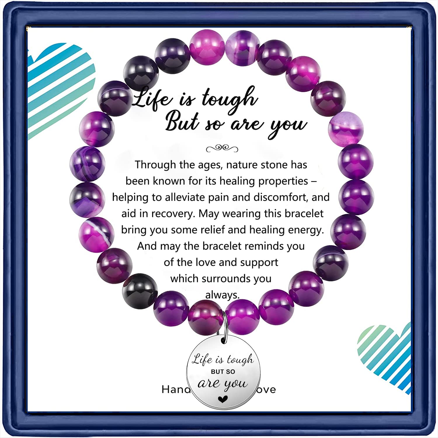 HaozeGet Well Soon Gifts for Women, Amethyst Beads Life is Tough But So are You Inspirational Bracelet Feel Better Get Well Soon Gift for Women Men Kids Best Friends Sister