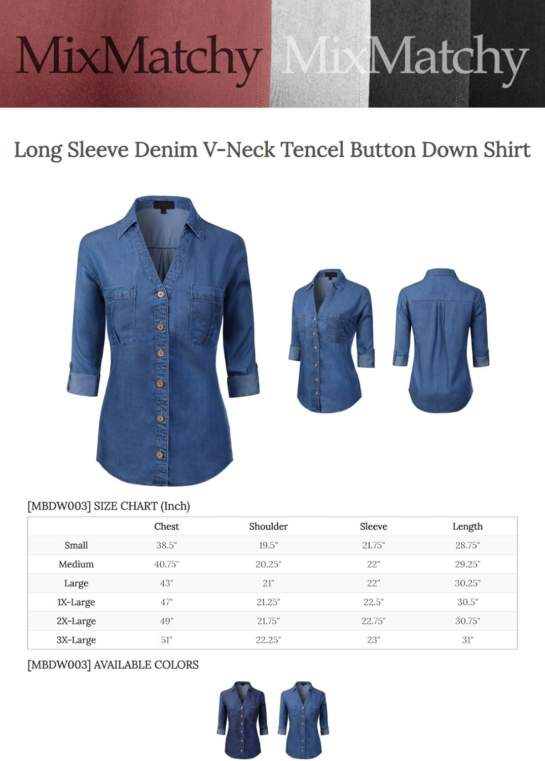 MixMatchy Women's Casual Basic Roll Up Sleeve Denim Chambray V-Neck Tencel Button Down Shirt - Image 7