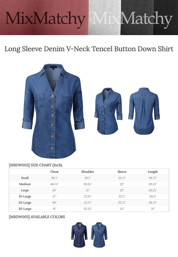 MixMatchy Women's Casual Basic Roll Up Sleeve Denim Chambray V-Neck Tencel Button Down Shirt Medium Denim L by MixMatchy - Image 7