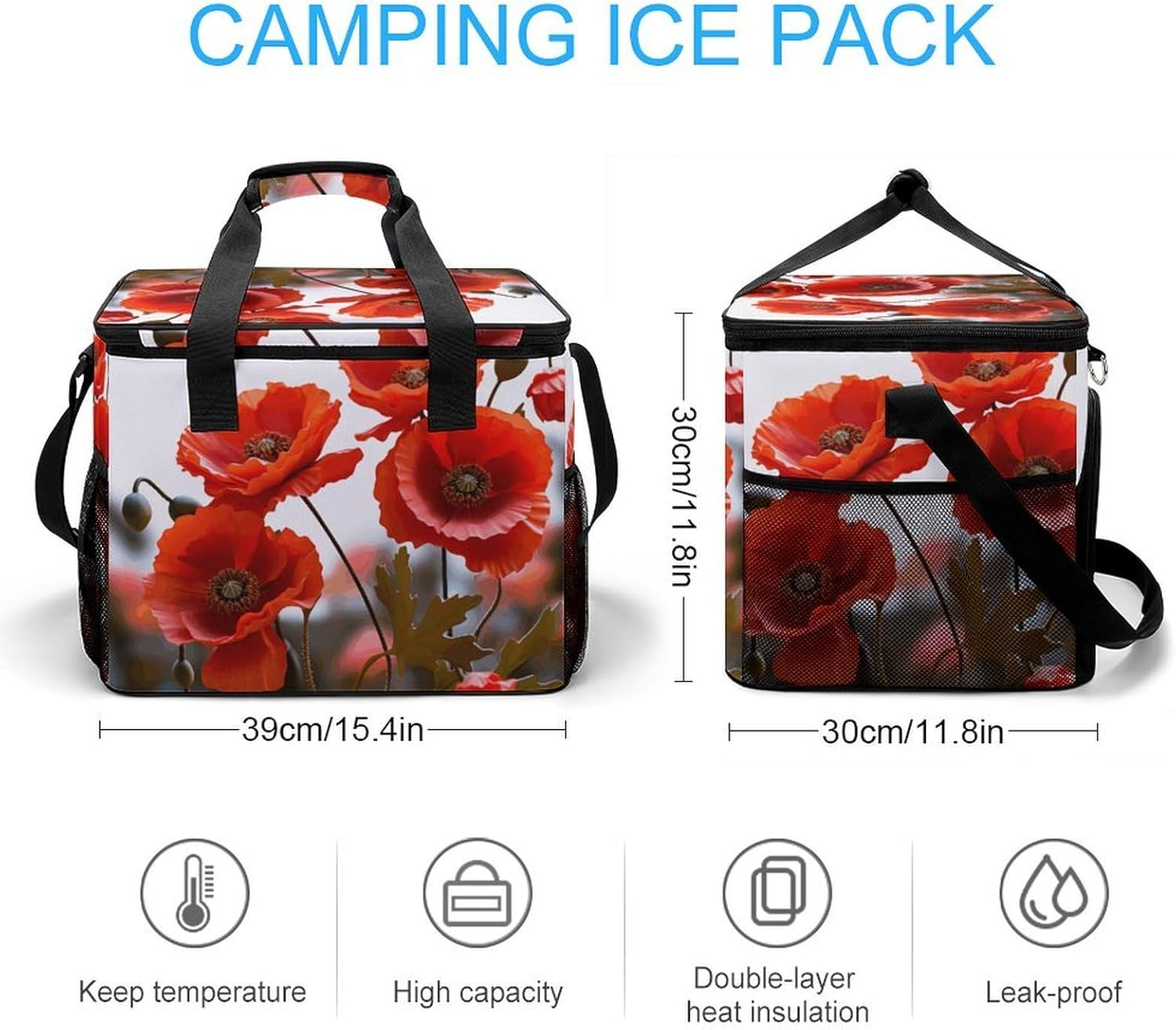 Large Capacity Oxford Cloth Poppy Flowers Vivid Petals Printed Camping Ice Bag, Outdoor Portable Insulation and Cooling Bag, Suitable for Outdoor Camping and Picnics