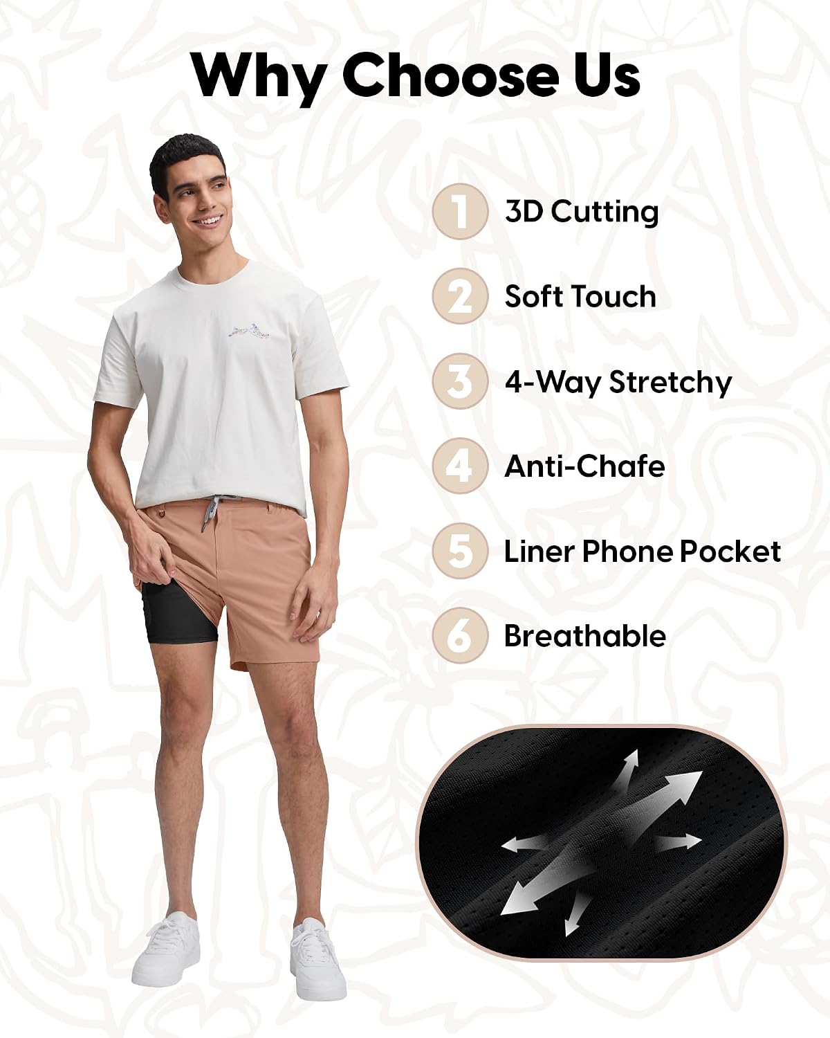 maamgic Mens Casual Shorts with Compression Liner 5/7 Inch Classic Fit Khaki Shorts