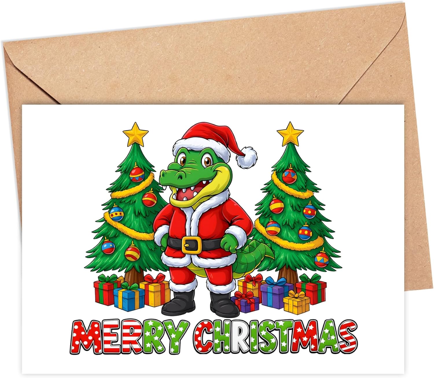 Alligator Christmas Card 2025 - Funny Alligator In Santa Costume With Festive Trees And Colorful Gifts - Merry Christmas Greeting - Holiday Collectible Gift