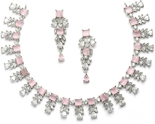ZENEME Women Plated Leaf Shaped American Diamond Studded Jewellery Set