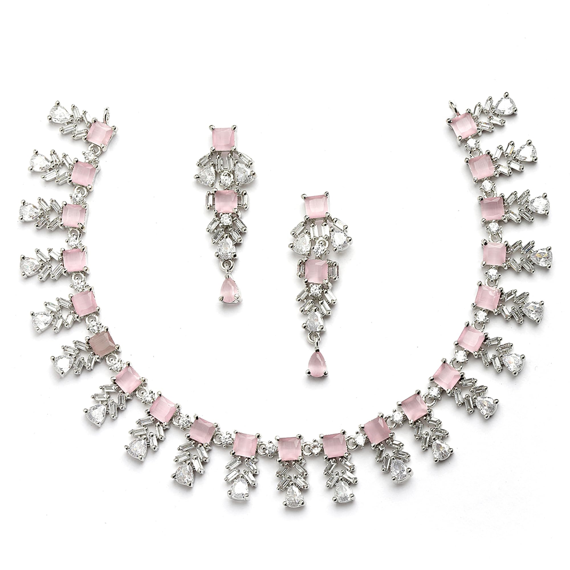 Rose Gold-Plated Leaf shaped Rose Black and White American Diamond Studded Jewellery Set-image-32