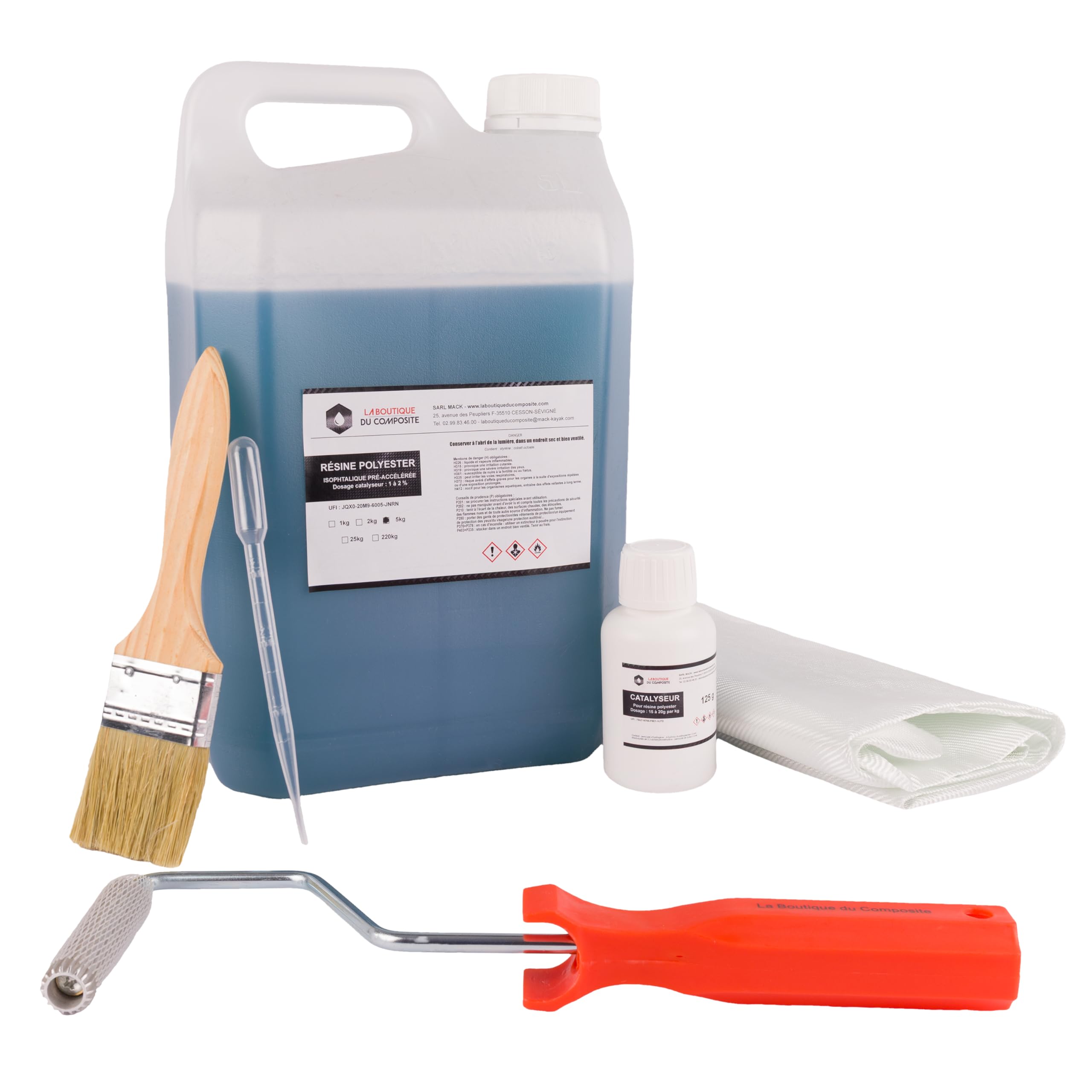 Zestaw naprawczy z poliestru, żywicy izotalowej, włókna szklanego Rovimat 300/300, katalizator, aluminiowy czajnik, szczotka, pipeta (5 kg żywicy poliestrowej + 5 m² rovimat)