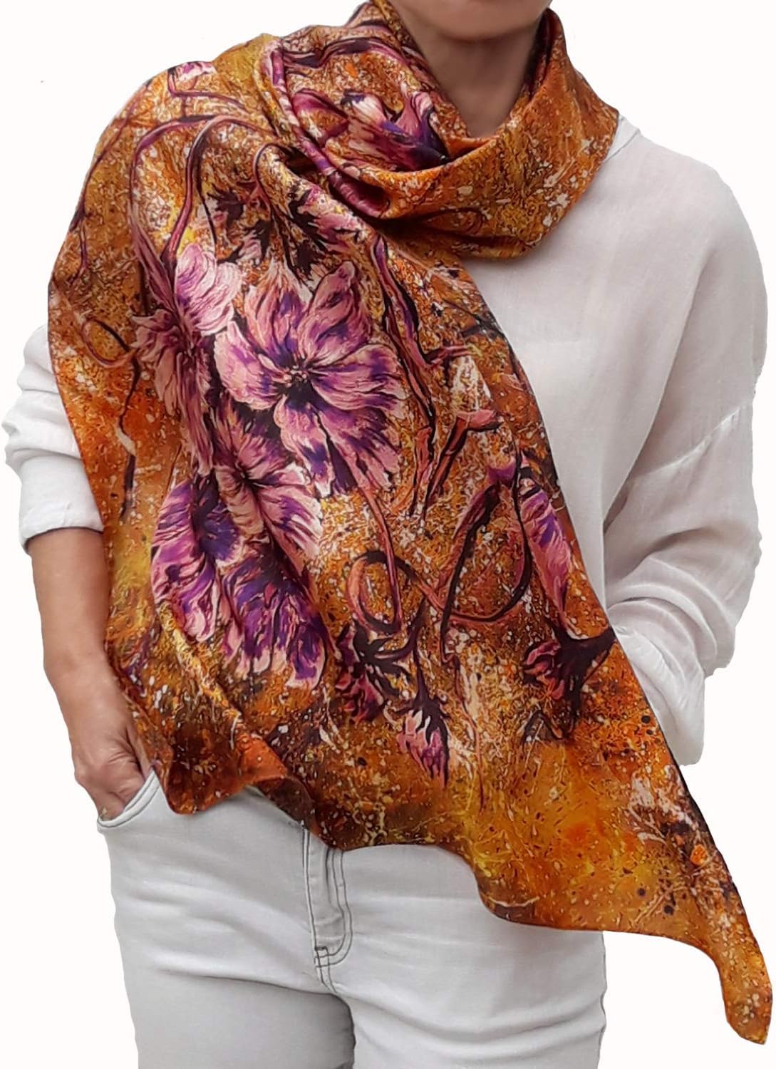Large Silk Scarf, Fashion Deluxe Long Gold Shawl for Lady, Women Gift