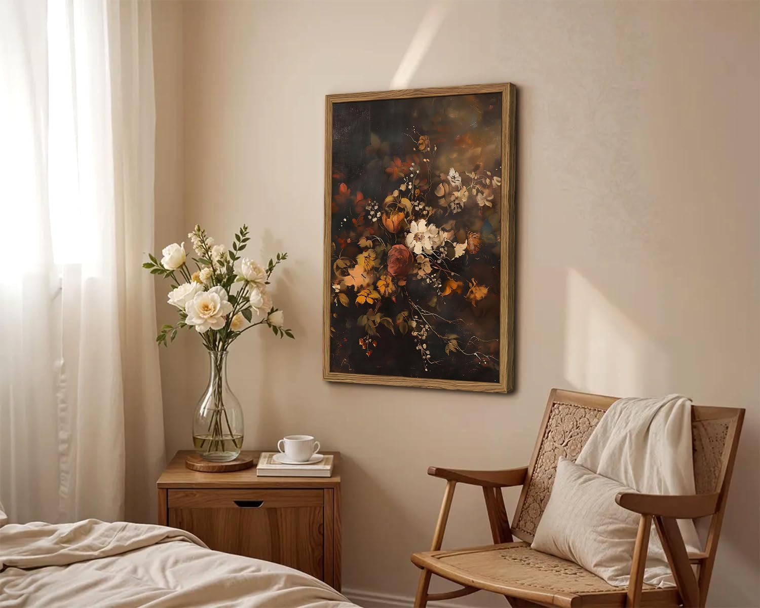 Framed Vintage Floral Wall Art，Gothic Moody Dark Flower Art Prints Painting，Victorian Canvas Fall Otanical Pictures Decor for Living Room Bedroom Diningroom 16x24 inch