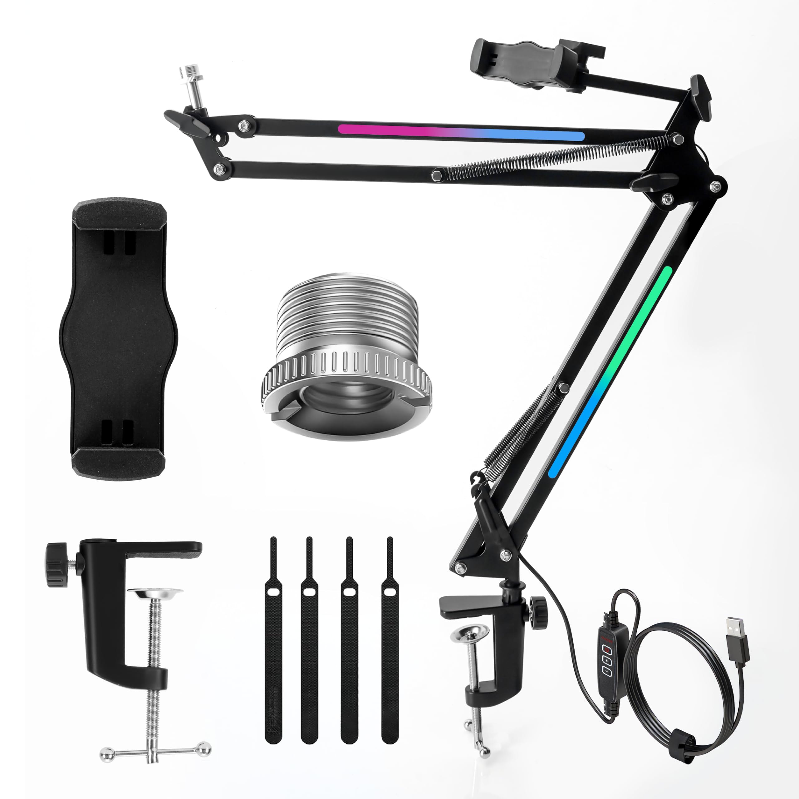 Cezo Soporte de brazo RGB para micrófono con soporte para teléfono móvil y 7 modos de color, soporte de brazo de tijera para grabación de estudio, transmisión y juegos