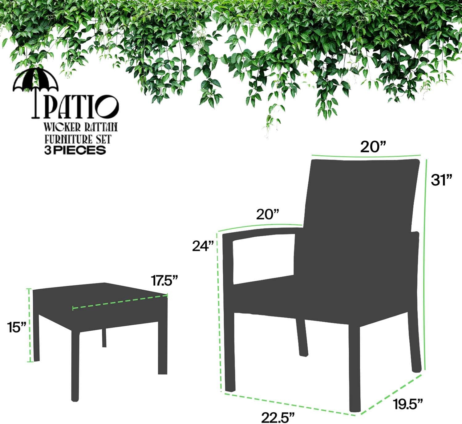 Pyramid Home Decor Nista Patio Bistro Set 3-Piece Outdoor Furniture - Modern Rattan Garden, Backyard and Balcony Chair with Thick Cushions and Glass Top Coffee Table (Green) : Patio, Lawn & Garden