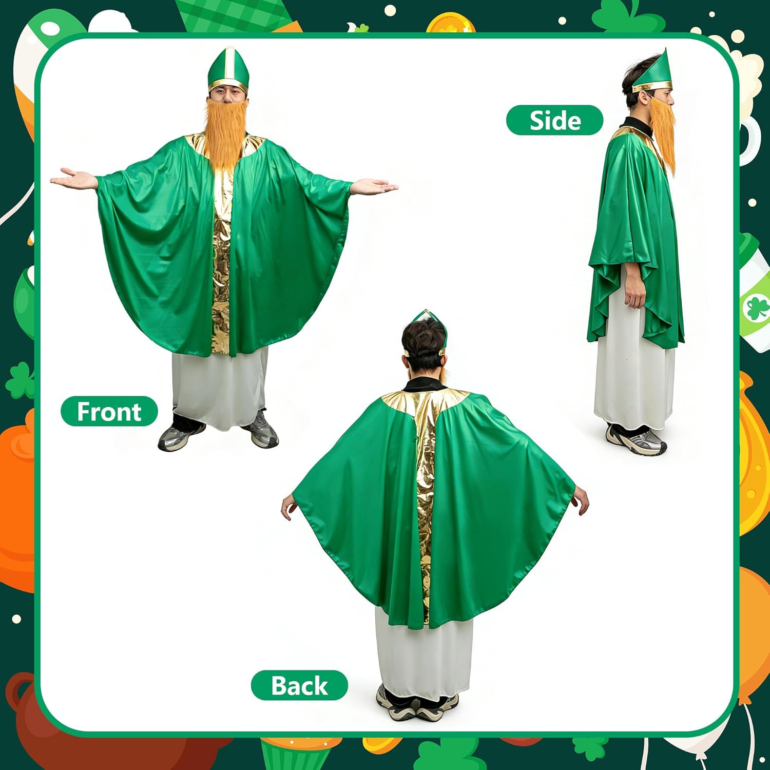 4 Pcs St. Patrick's Day Wiseman Costume, Catholic Saint Patrick Men Costumes Include Robe, Waist Skirt, Hat and False Beard, St Patricks Parade Costume for Adult Irish Party Outfit