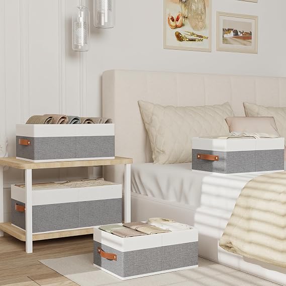 Set of 4 Storage Boxes White/Grey Fabric Boxes 33 x 23 x 14 cm