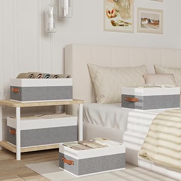 Set of 4 Storage Boxes White/Grey Fabric Boxes 33 x 23 x 14 cm