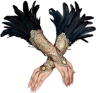 2Pcs Gothic Black Lace Feather Long Gloves for Women Halloween Witch Costume Swan Wristband Cuff