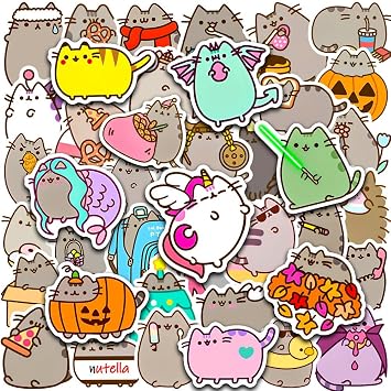 50pcs Cat Stickers Pack Cartoon Waterproof Vinyl Pusheen Sticker for Water Bottle Luggage Bike Car Decals for Kids Teens Adults Stickers, Toddlers