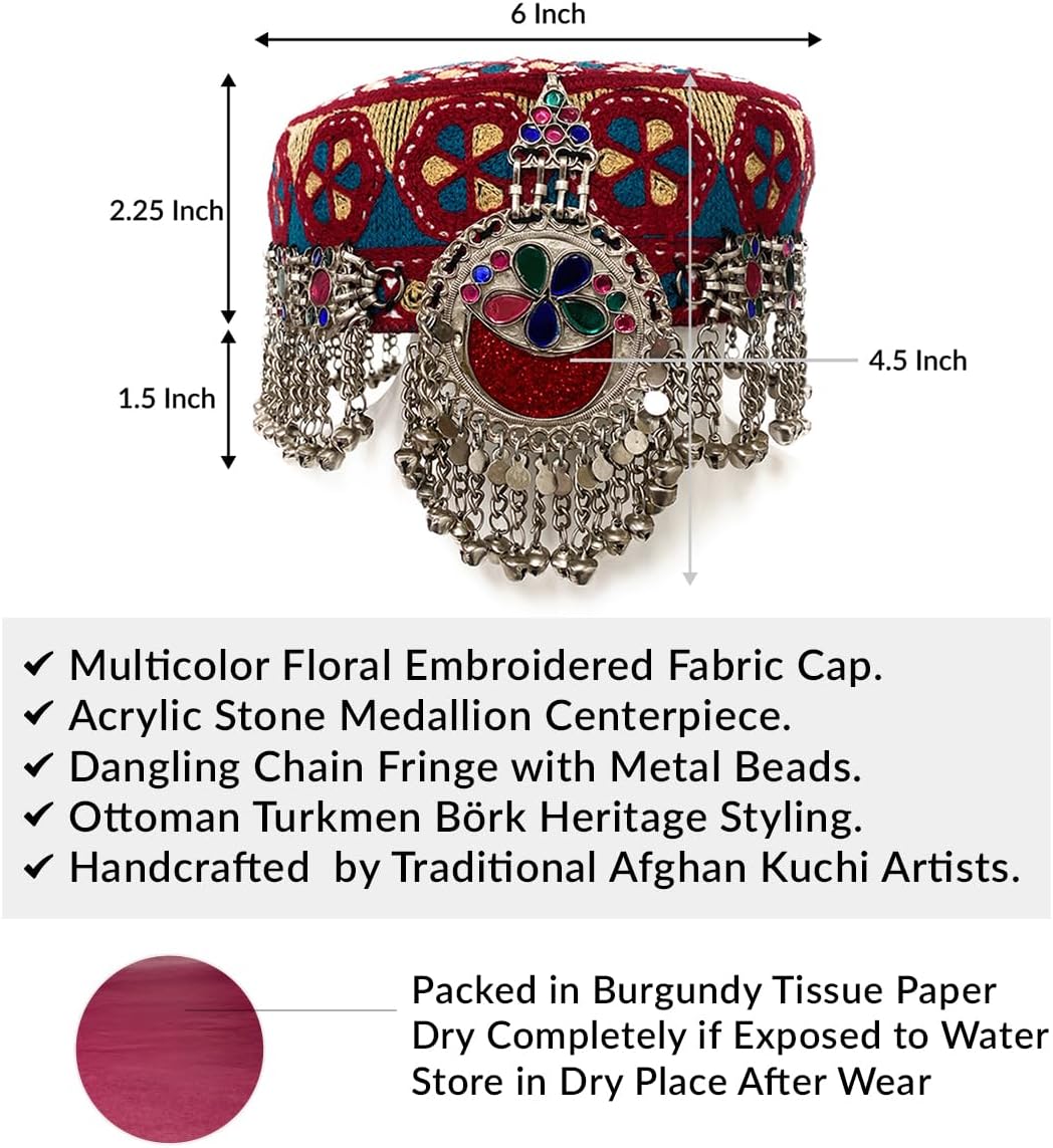 Duel On Jewel | Turkish Kayi Afghan Tribal Women’s Cap Headpiece | Oxidized Silver Medallion, Multicolor Stones & Beads