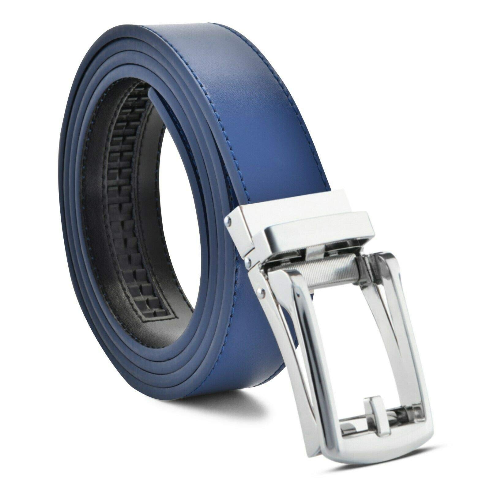 ausuky Premium Grain Leather Comfort Click Adjustable Fit Ratchet Jeans Pants Belt Automatic Belt Buckle No Holes (blue,110cm)