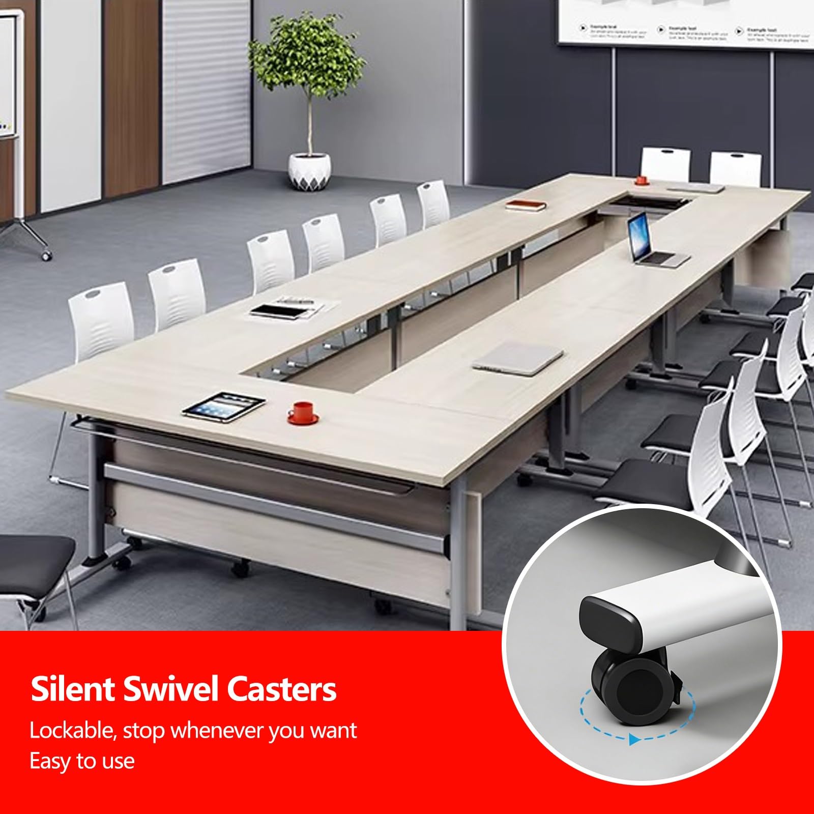 Konferenztisch mit mobilem Design, 360° Schwenkrollen, abschließbar, Sichtschutz, Aufbewahrungsregal, für Büro, Training, Studium, 120 x 40 cm