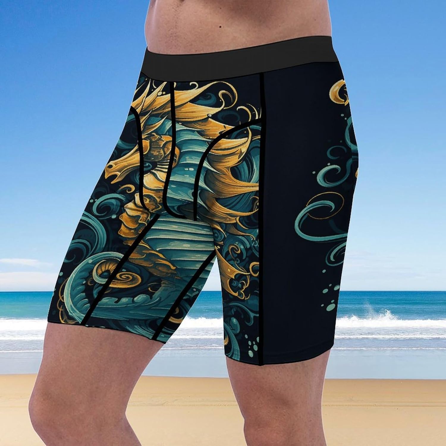 Seahorse Blue Pattern Compression Shorts Men Spandex Sport Shorts Workout Performance Baselayer Underwear