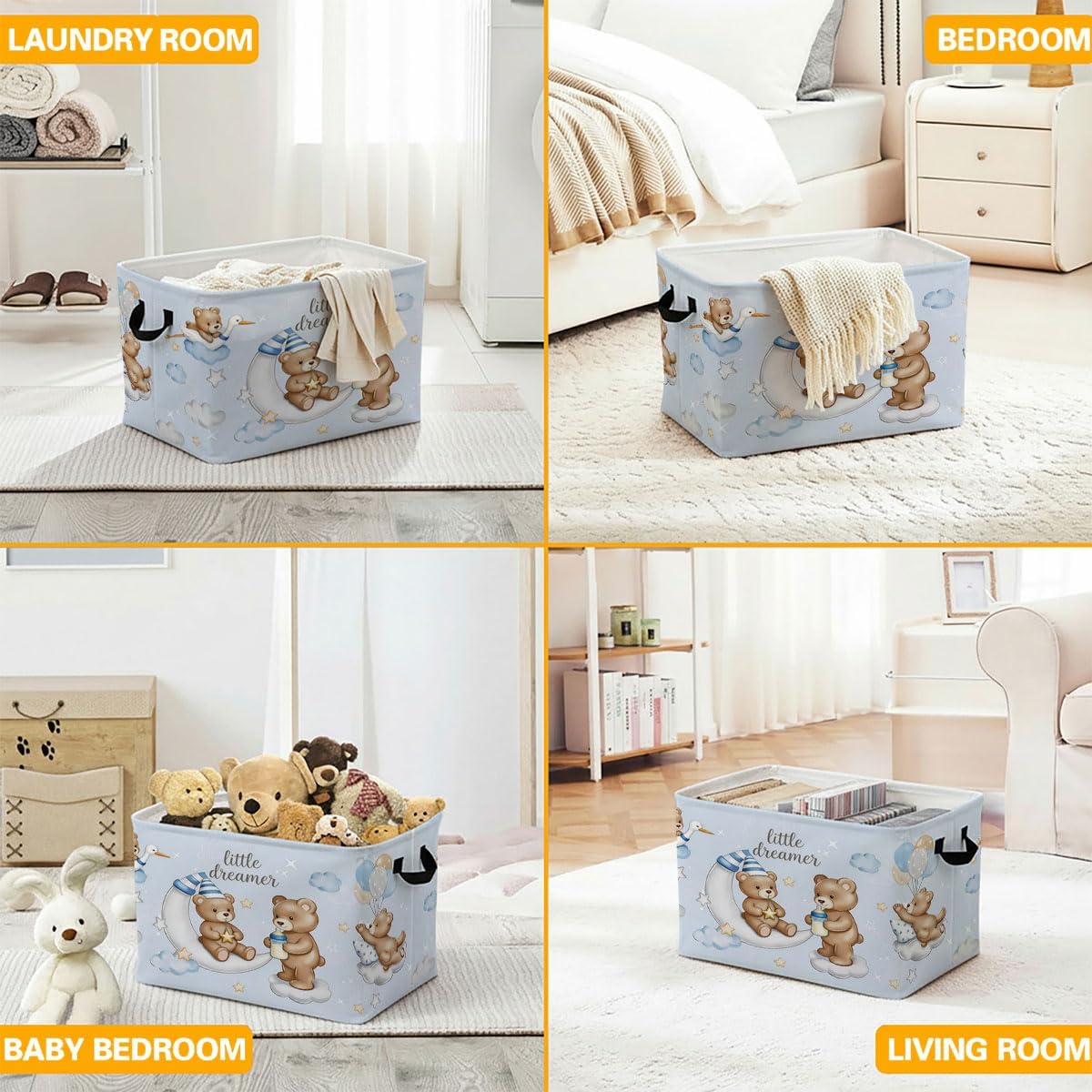 56L Bule Bear Laundry Basket Clothes Hamper with Handles,Foldable Blanket Storage Large Laundry Hamper with Waterproof,Toy Storage Bin Organizer,Clothes Organizer,Home Decor Gifts