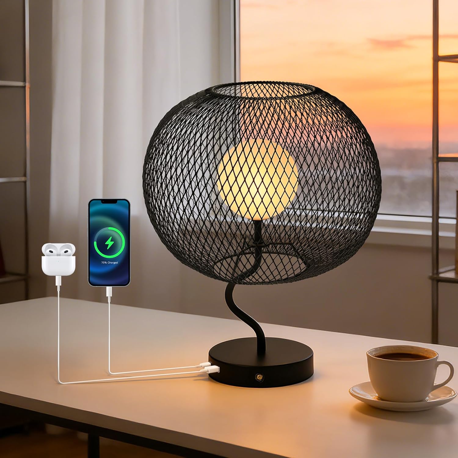 Cordless Nightstand Lamp ,Rechargeable Touch Bedside Table Lamp （3-Level Dimmable）with USB C and A Ports,Metal Modern Table Lamp,Black Reading Lamp for Living Room,Home Decor,LED Bulb Included.