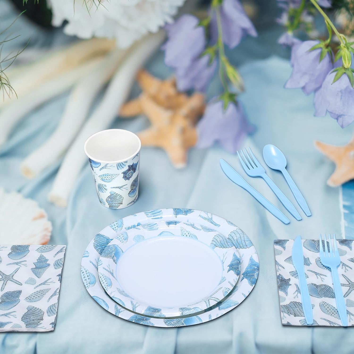 Pickmesh 400 Pcs Under The Sea Party Decoration Set, Ocean Seashell Paper Plates and Napkins, Shell Cups and Cutlery Supplies Ocean Themed Birthday Party Tableware, Serve for 50 Guests