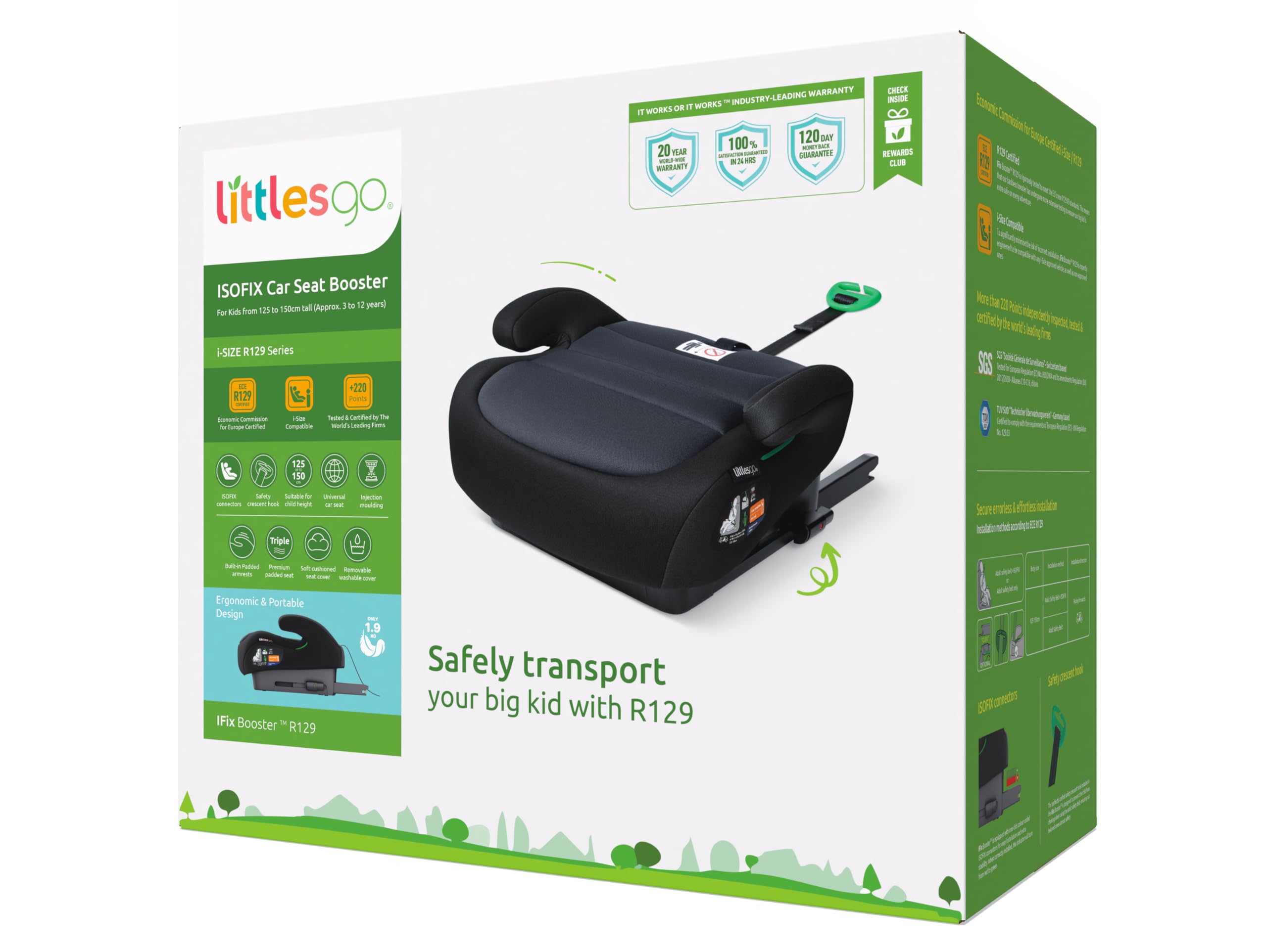 Littlesgo IFix Booster Seat, i-Size ISOFIX Car Seat, for Child from 125-150cm (3-12 Years, Group 2/3), Portable, Triple Foam Layers for Comfortable Travel, ECE R129, Darkgrey - Black, 1 Pack