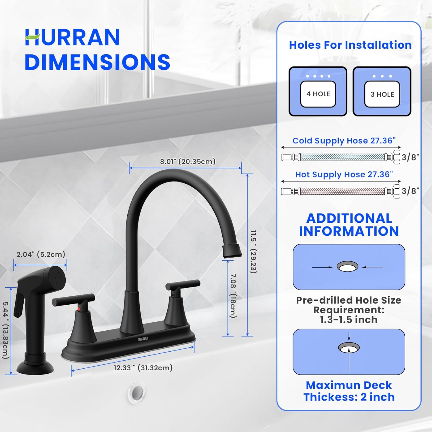 HURRAN 2-Handle Kitchen Faucet with Pull-Out Side Sprayer, 8 Inch High Arch Stainless Steel 360°Rotating Kitchen Sink Faucet, 4 Hole Faucet for Kitchen Bar Rv Camper, Black - Image 2