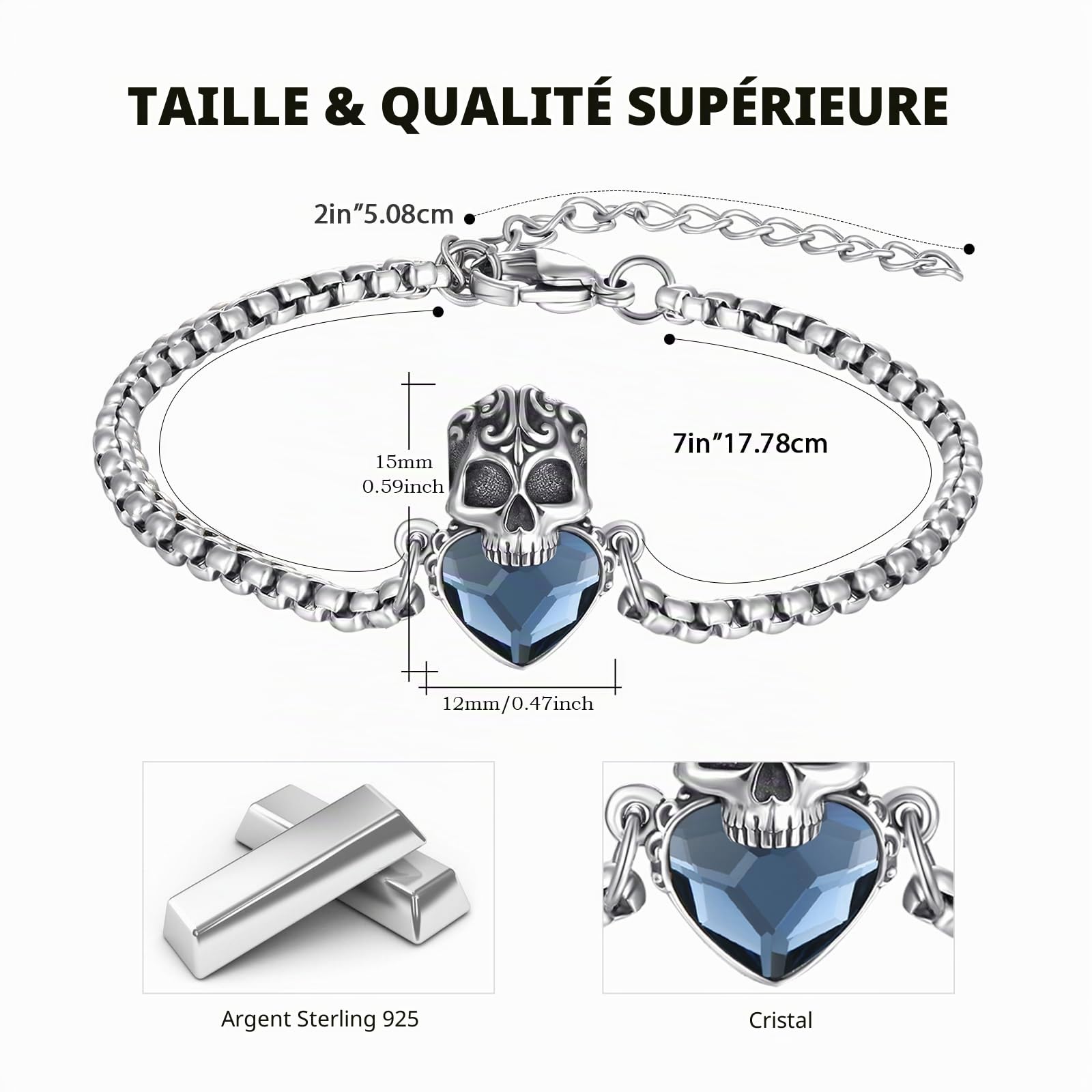 Bracelet tête de mort en argent sterling 925 avec cristal rouge/bleu/noir/vert, style gothique, punk, cadeau pour femmes, hommes, filles, garçons, avec chaîne en acier inoxydable