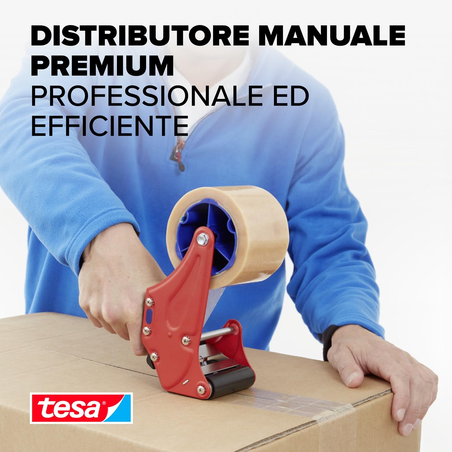 tesapack Dispenser Manuale Economy per Nastro da Imballaggio - Dispenser ergonomico portatile in metallo robusto - Per rotoli fino a 50 mm di larghezza - Colore: Blu e Rosso
