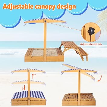 Kids Sandbox with Lid, Outdoor Wooden Sand Box with Kid Picnic Table | Sandpit with Cover Canopy, Toddler Outdoor Playhouse with 2 Bench, Adjustable Roof & Bottom Liner for Backyard, Beach