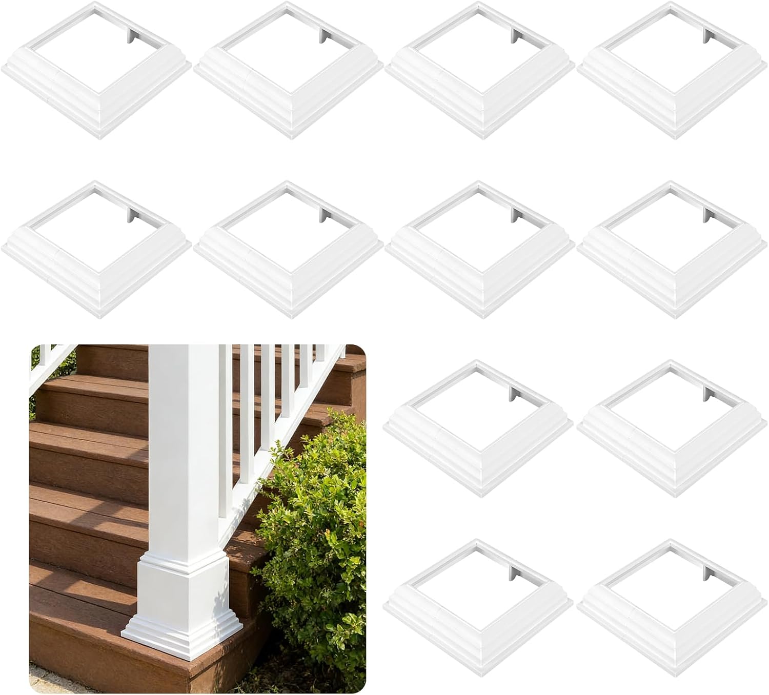 JarThenaAMCS 12Pcs Vinyl Post Skirt 4 x 4 Inch White Post Base Cover Split Style Vinyl Fence Post Sleeve Reusable Column Wraps Post Trim for Porch Fence Deck Stairs Rails
