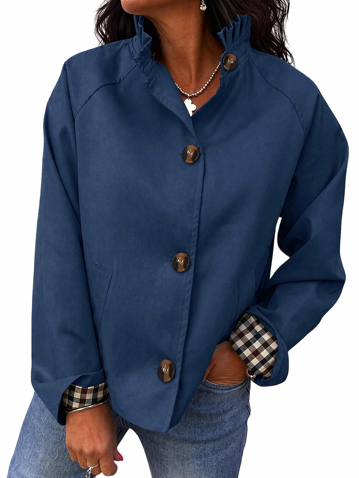 Cicy Bell Womens Ruffle Short Trench Coat Single Breasted Cropped Jackets