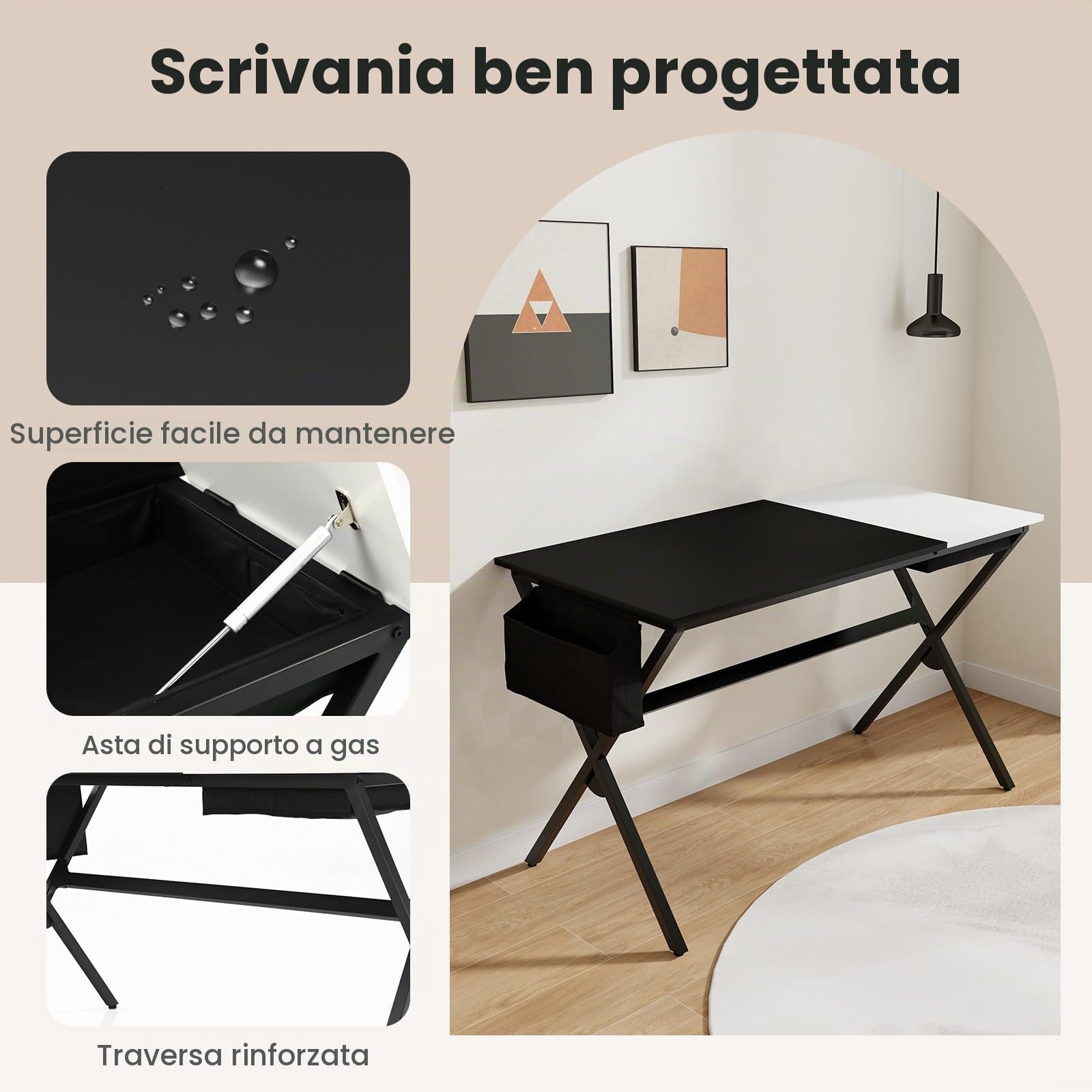 GIANTEX Scrivania per computer con portaoggetti pieghevole | Tavolo da scrittura con borsa portaoggetti laterale, postazione di lavoro in telaio metallico, 120 x 60 x 73,5 cm