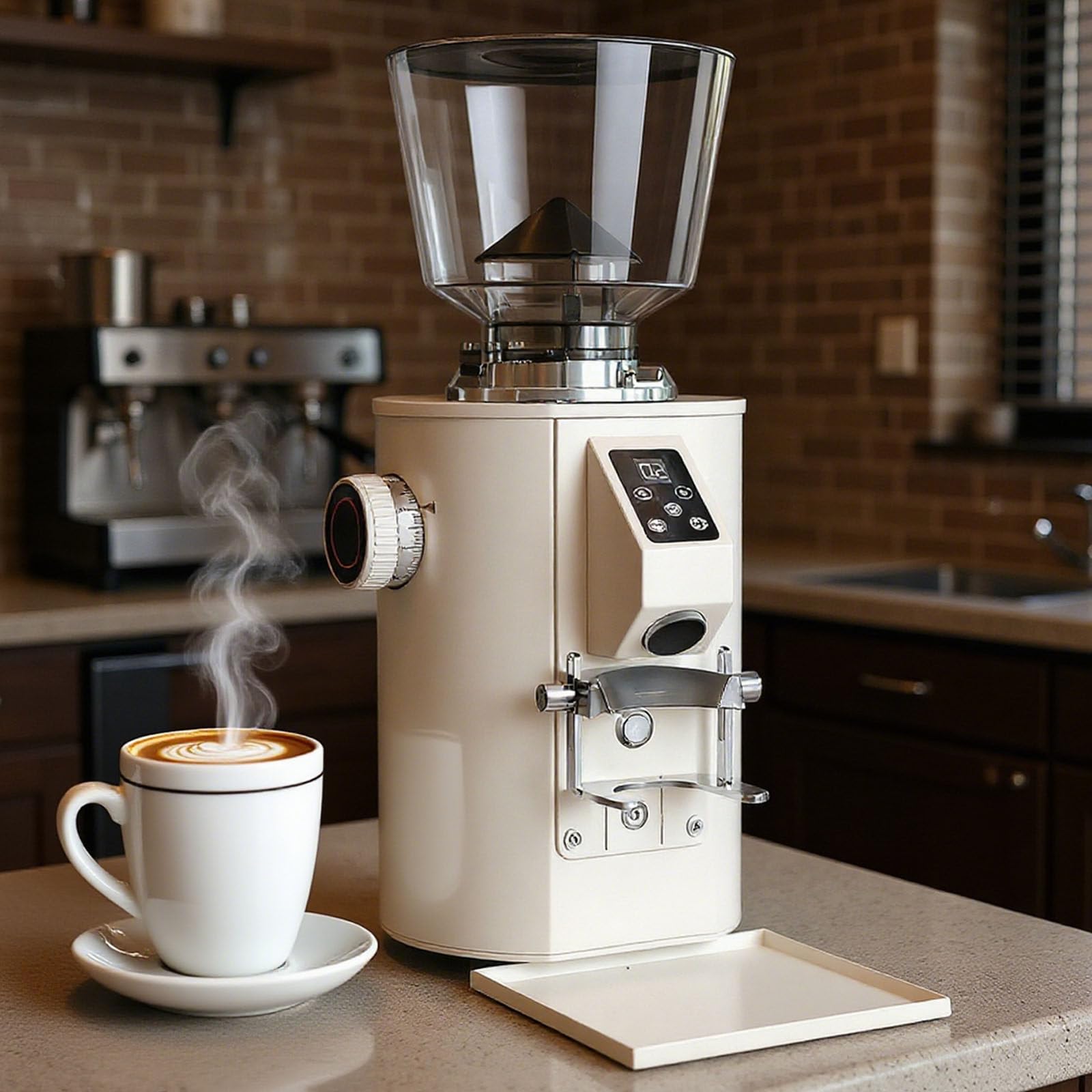 Elektryczny młynek do kawy, młynek do kawy z płaskim młynkiem 64 mm, zbiornik 450 g, 9 ustawień mielenia, wyświetlacz LED, do espresso, ekspresu do kawy z tłokiem i parzenia na zimno beżowy