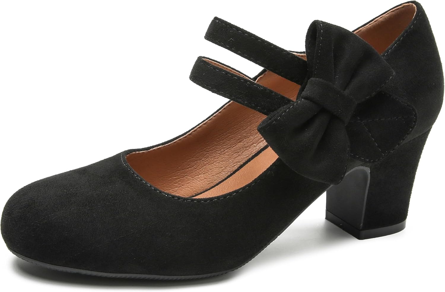 Enelauge Women's Mary Jane Heels with Bow Retro Closed Round Toe Pumps Sweet Ankle Strap Low Block Heels Chic Bowtie Vintage Dress Wedding Party Office Daily Shoes