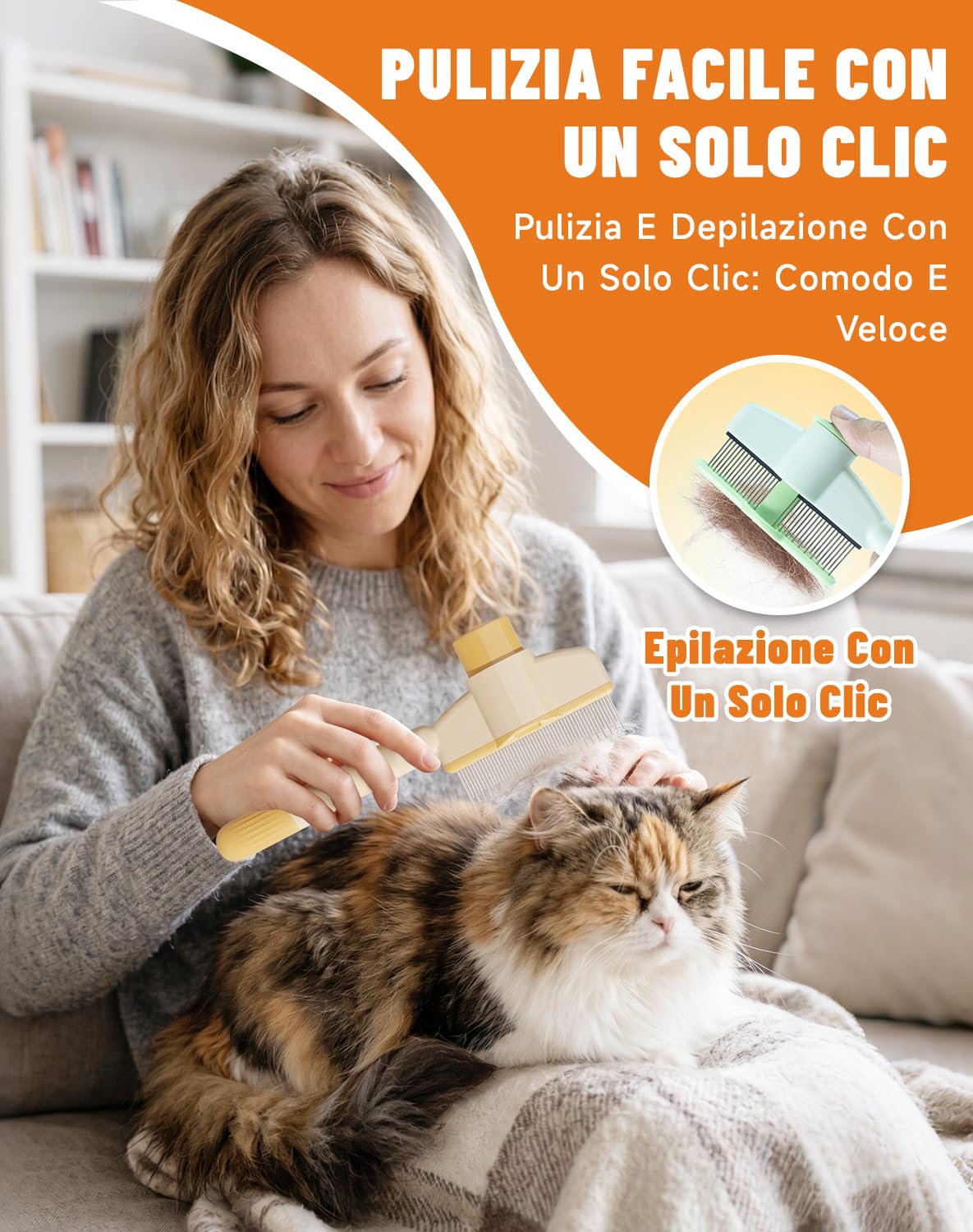 Zivaro Spazzola per Gatti, Spazzola Antipeli per Gatti Zivaro, Effetto Massaggiante, Rimuove I Peli Morti E in Eccesso, Pulizia Con Un Solo Pulsante per Gatti Capelli Lunghi/Corti (Arancia)