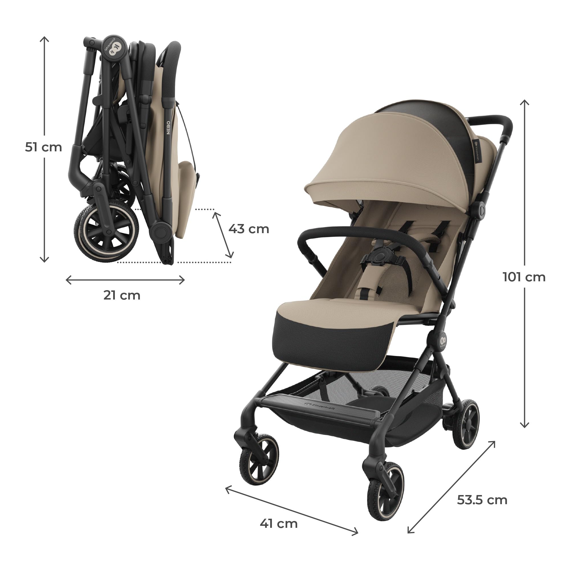 Kinderkraft NEBO wózek cabin ultralekki, jednoręczne składanie, stoi po złożeniu, 51×43×21 cm, pasek na ramię, torba, pozycja leżąca, 5-punktowe pasy, Beżowy