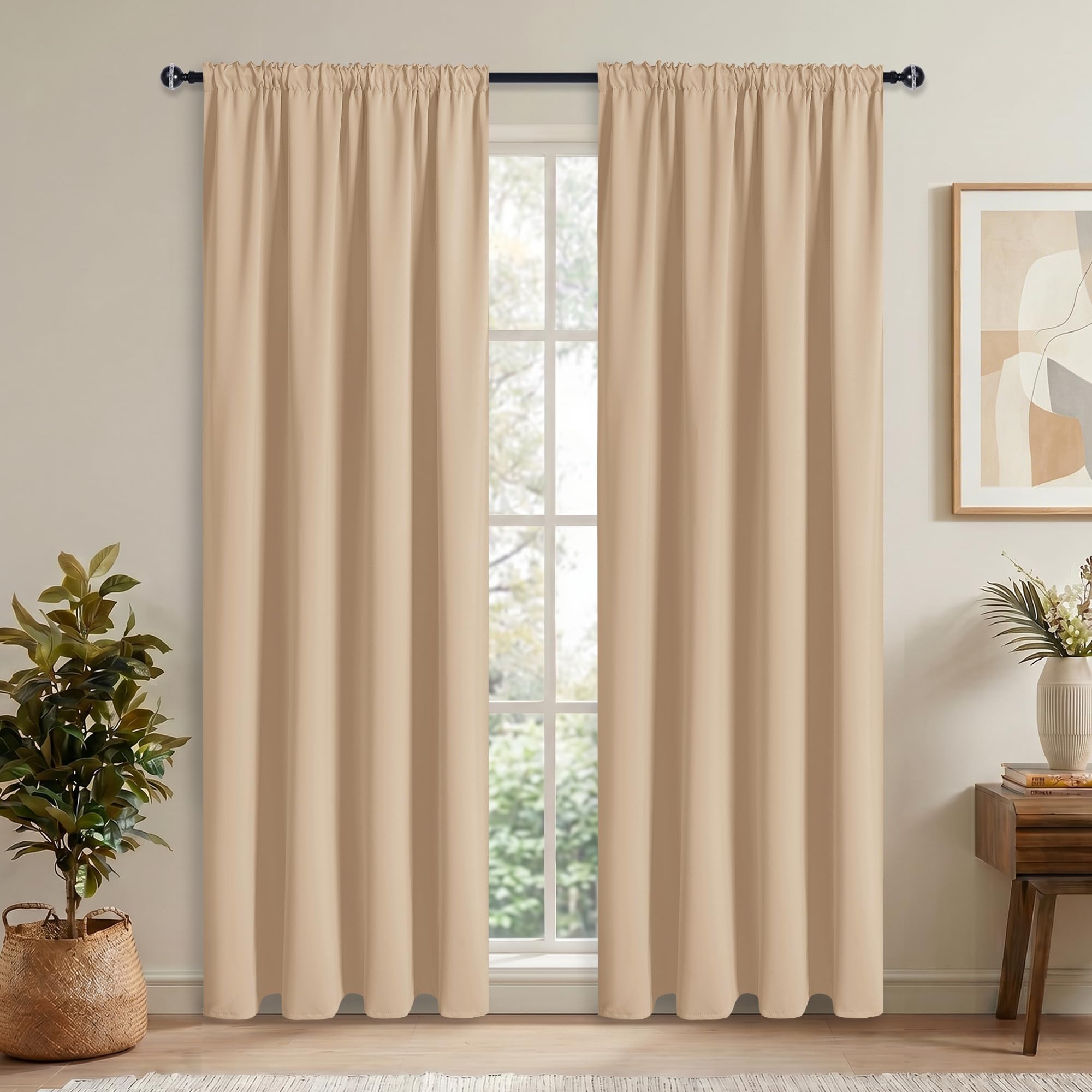 Hiasan Rideaux Occultants avec Galon Fronceur, 245 x 140cm (L x H), Beige | Thermiques et Protection anti Froid, Opaques pour Salon et Chambre à Coucher avec Embrasses, 2 Pieces
