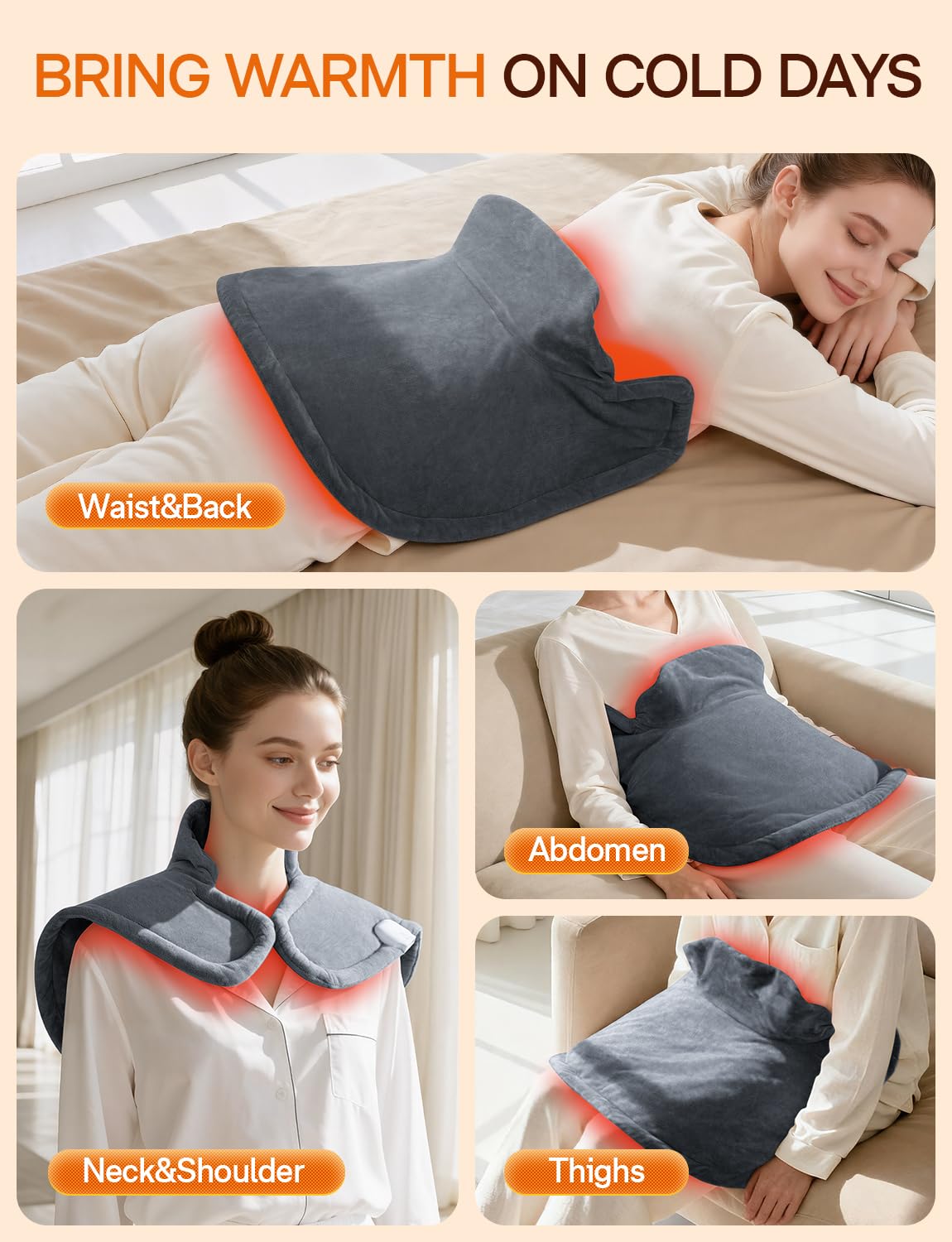 ALLJOY Termoforo Cervicale e Spalle, 22"x18" Cuscinetto Termico Riscaldato per Collo, 4 Livelli di Calore, 2.2LB, 90 Mins Spegnimento Automatico, Lavabile in Macchina