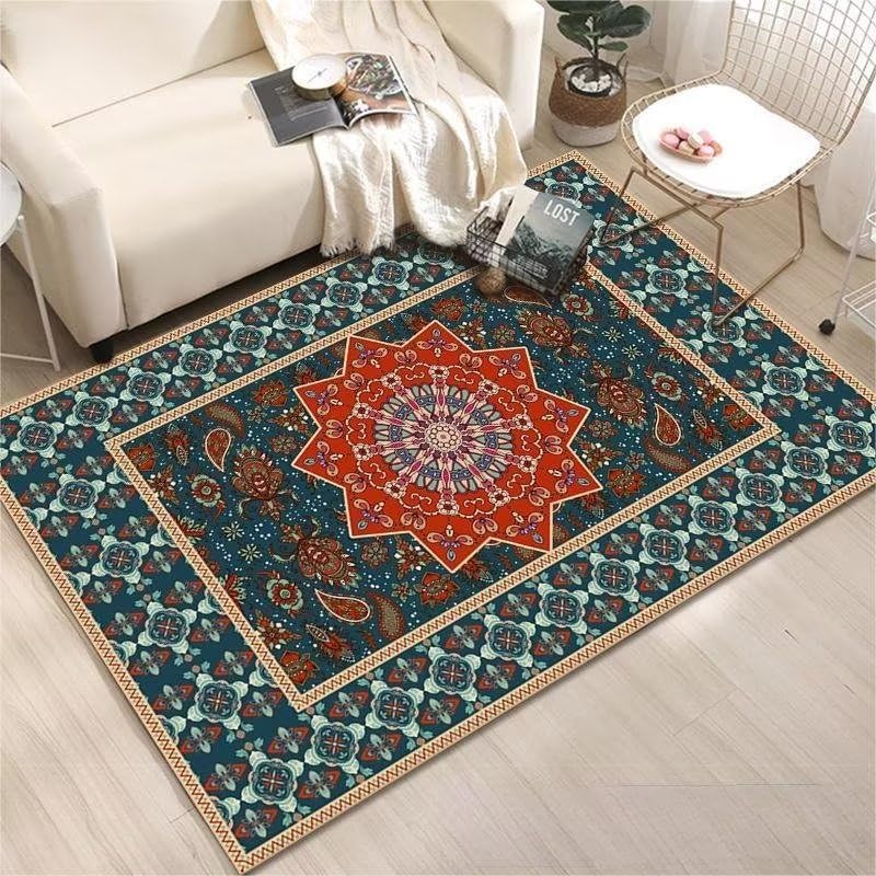 Tapis de sol durable 160x230cm à motif floral bleu rouge pour revêtement salon moderne