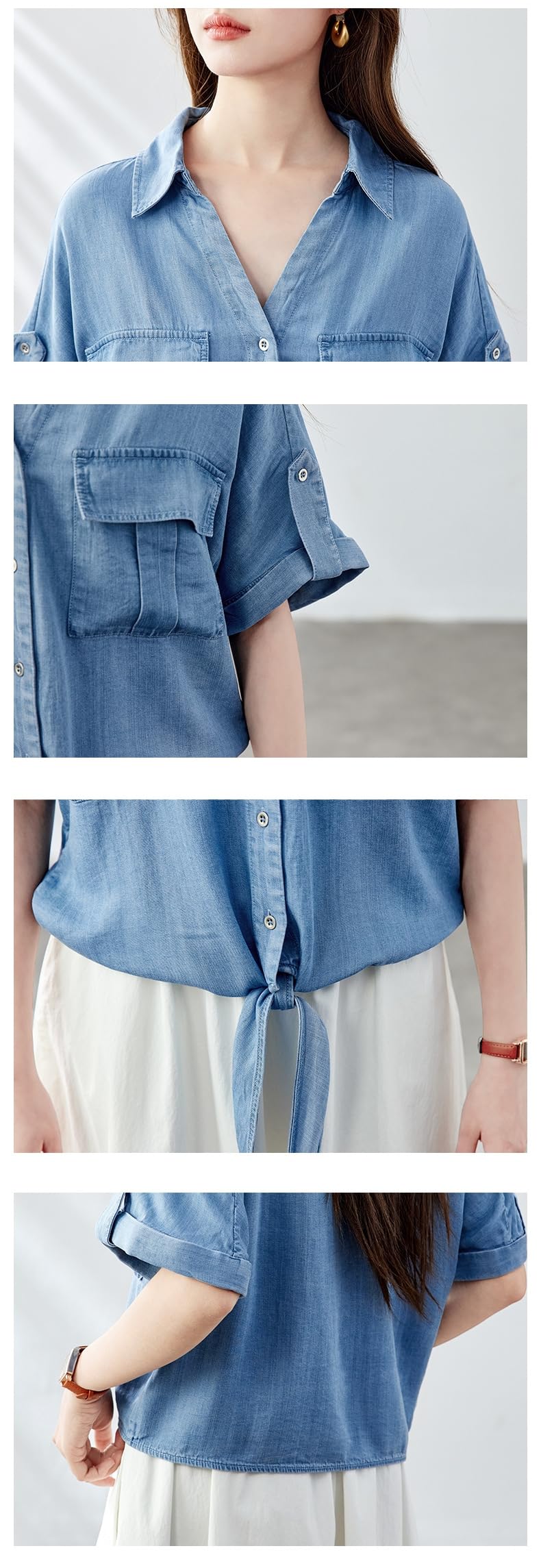 Chemise Oversize en Denim Doux Tencel pour Femme, Légère, À Manches Courtes Retroussables, Col À Revers, Fermeture Boutonnée, Ourlet Noué Et Poches, Idéale pour L'Été Le Travail A