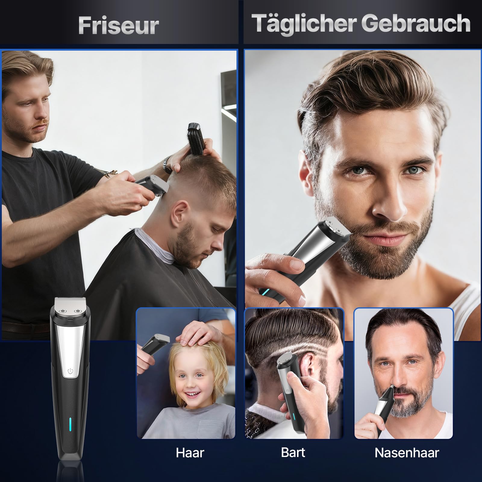 Valano Tondeuse Cheveux Hommes et Tondeuse Barbe Homme, 3 en 1 Rasoir Electriques Hommes Set, Tondeuse Cheveux Sans Fil avec 9 Sabots (1-16mm), Multi-function Men's Groomer Cadeau Homme (Noir)