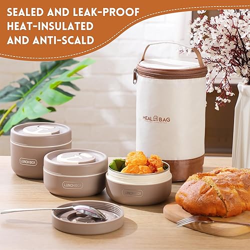 Miniatura 6 de Dandat Juego de 3 recipientes de almuerzo aislados portátiles para adultos, caja Bento aislada de acero inoxidable para alimentos calientes con