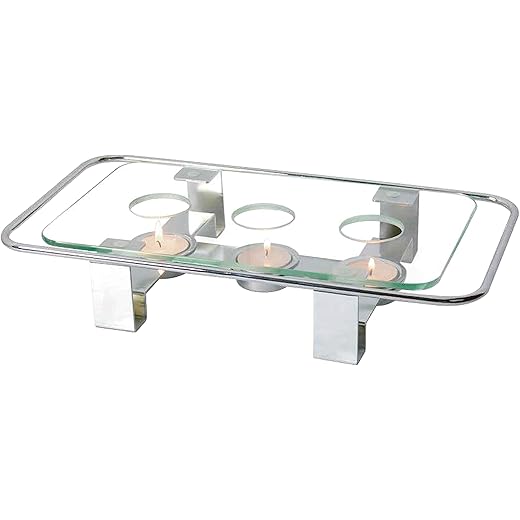 NewlineNY Chrome Plated Glass Dish Warmer, Rectangular Glass-Top 3 Holes Tea Light Votive Candle Goumet Food Warmer